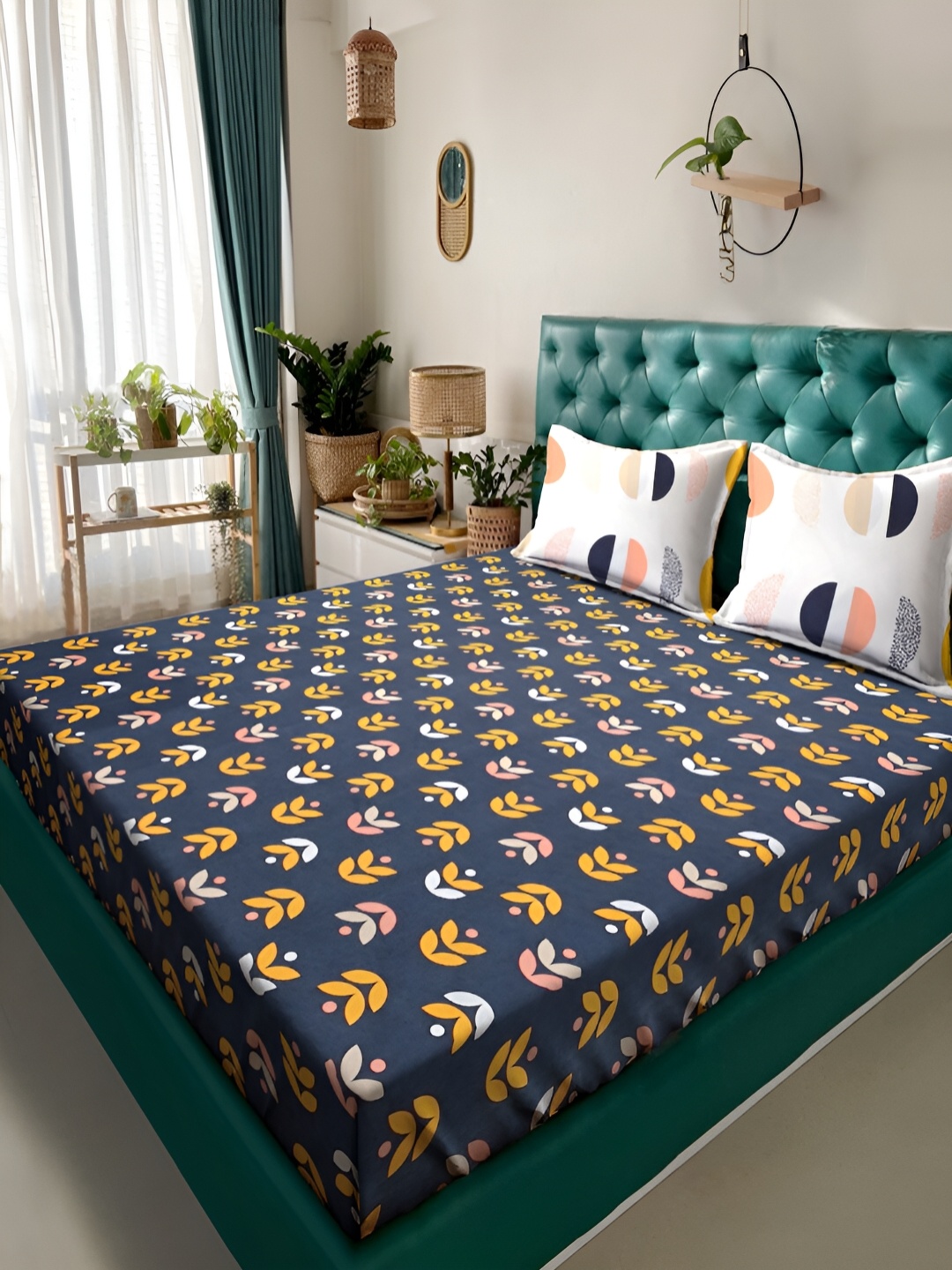 

KLOTTHE Blue & Yellow Floral 300TC Double King Bedsheet With 2 Pillow Covers