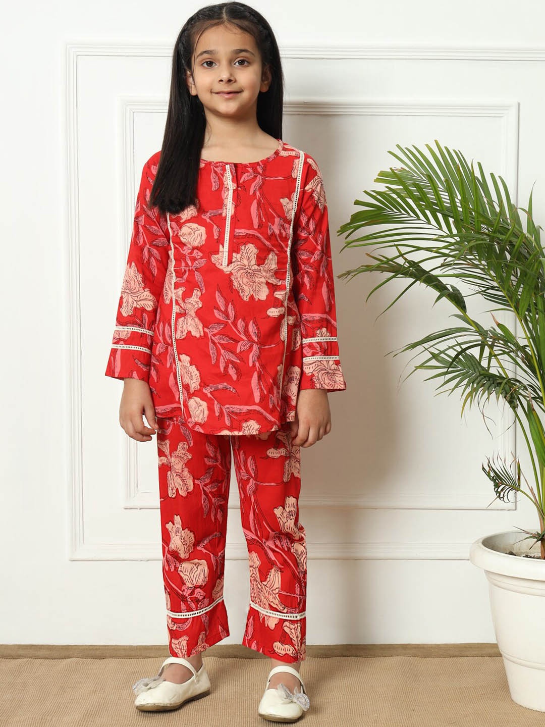 Readiprint Girls Floral Printed Gotta Patti Pure Cotton Kurti with Trouser, Red