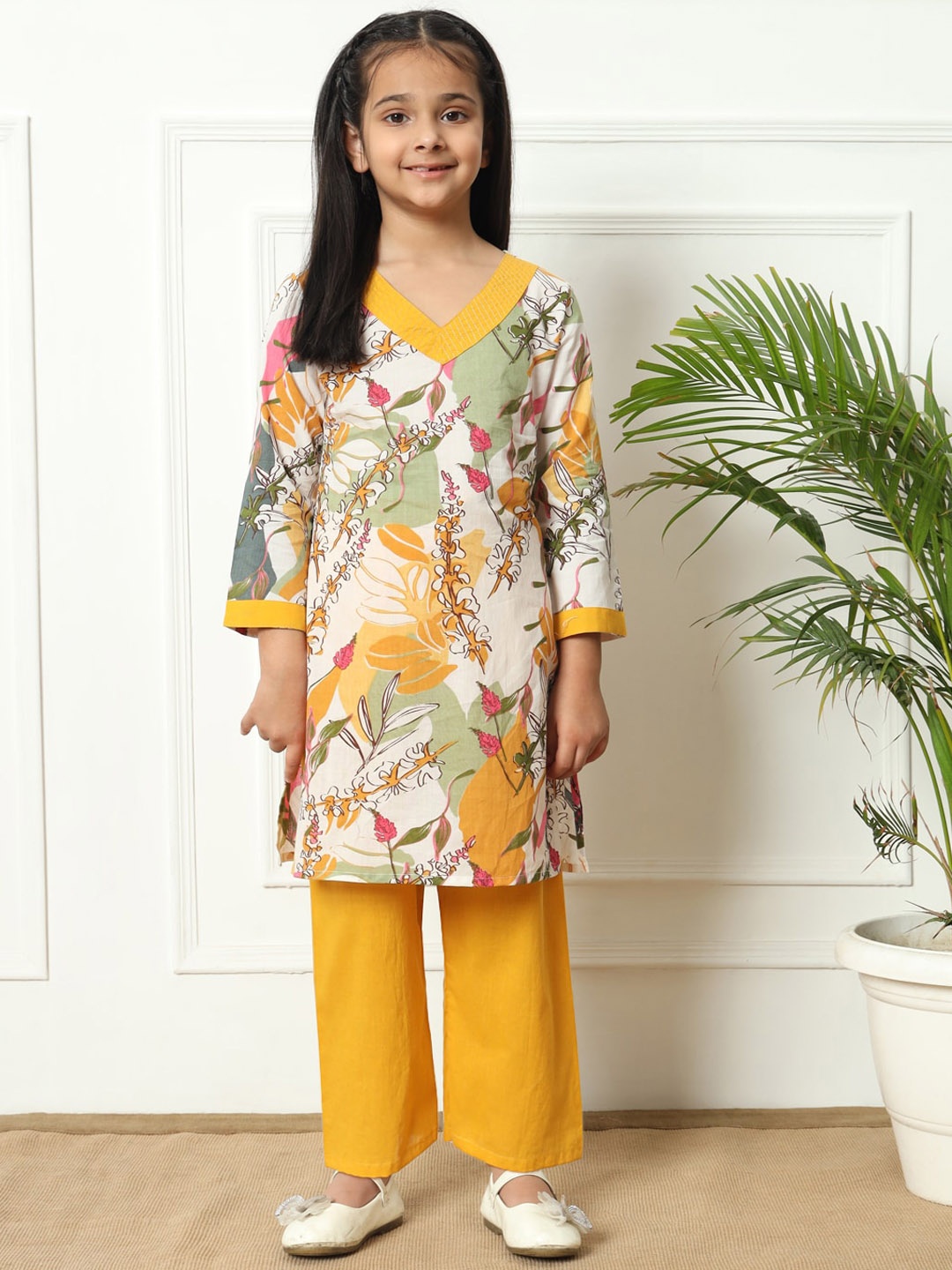 Readiprint Girls Floral Printed Pure Cotton Kurta with Trouser, Mustard