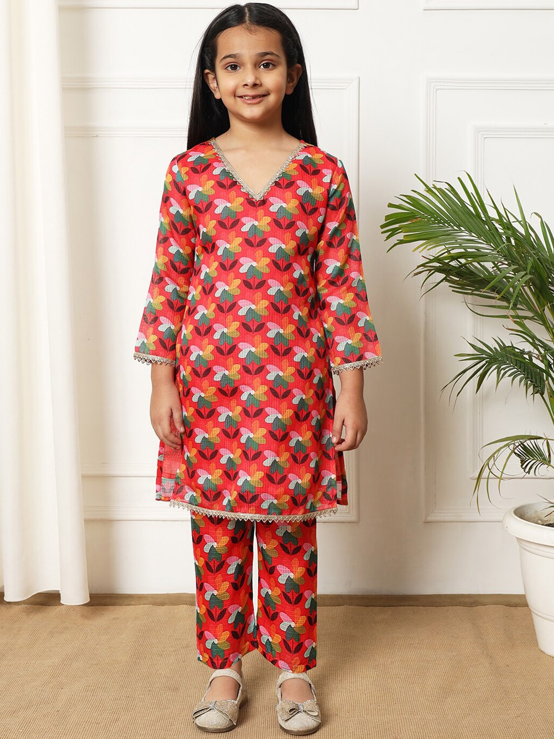 Readiprint Girls Floral Printed Gotta Patti Pure Cotton Kurta with Trouser, Red