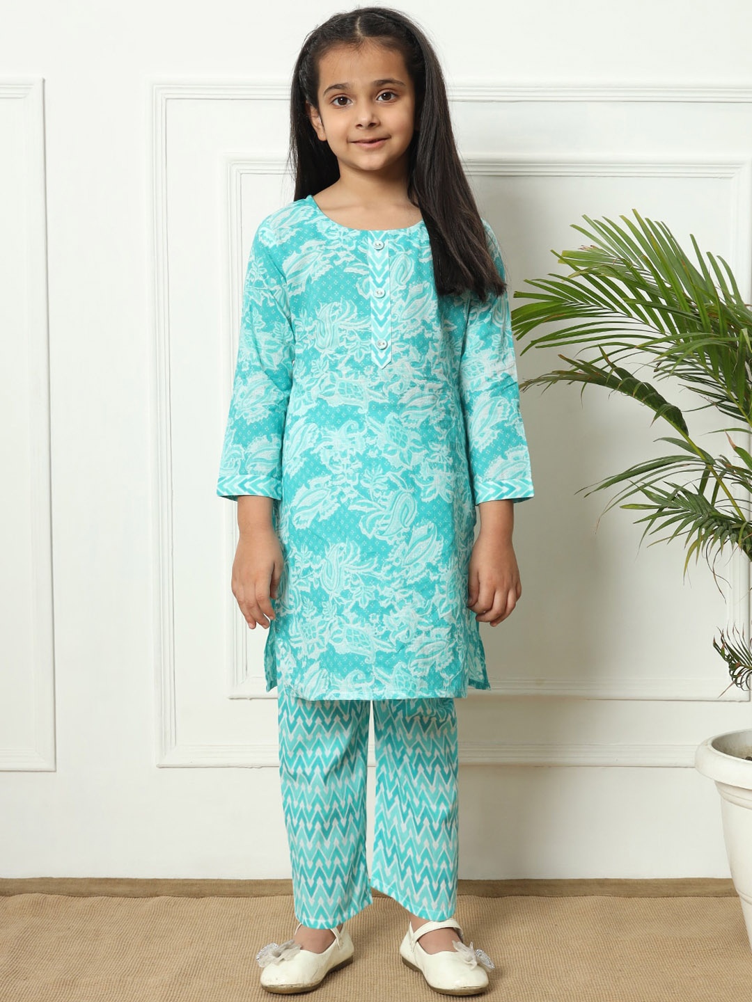 

Readiprint Girls Floral Printed Pure Cotton Kurti with Palazzo, Turquoise blue