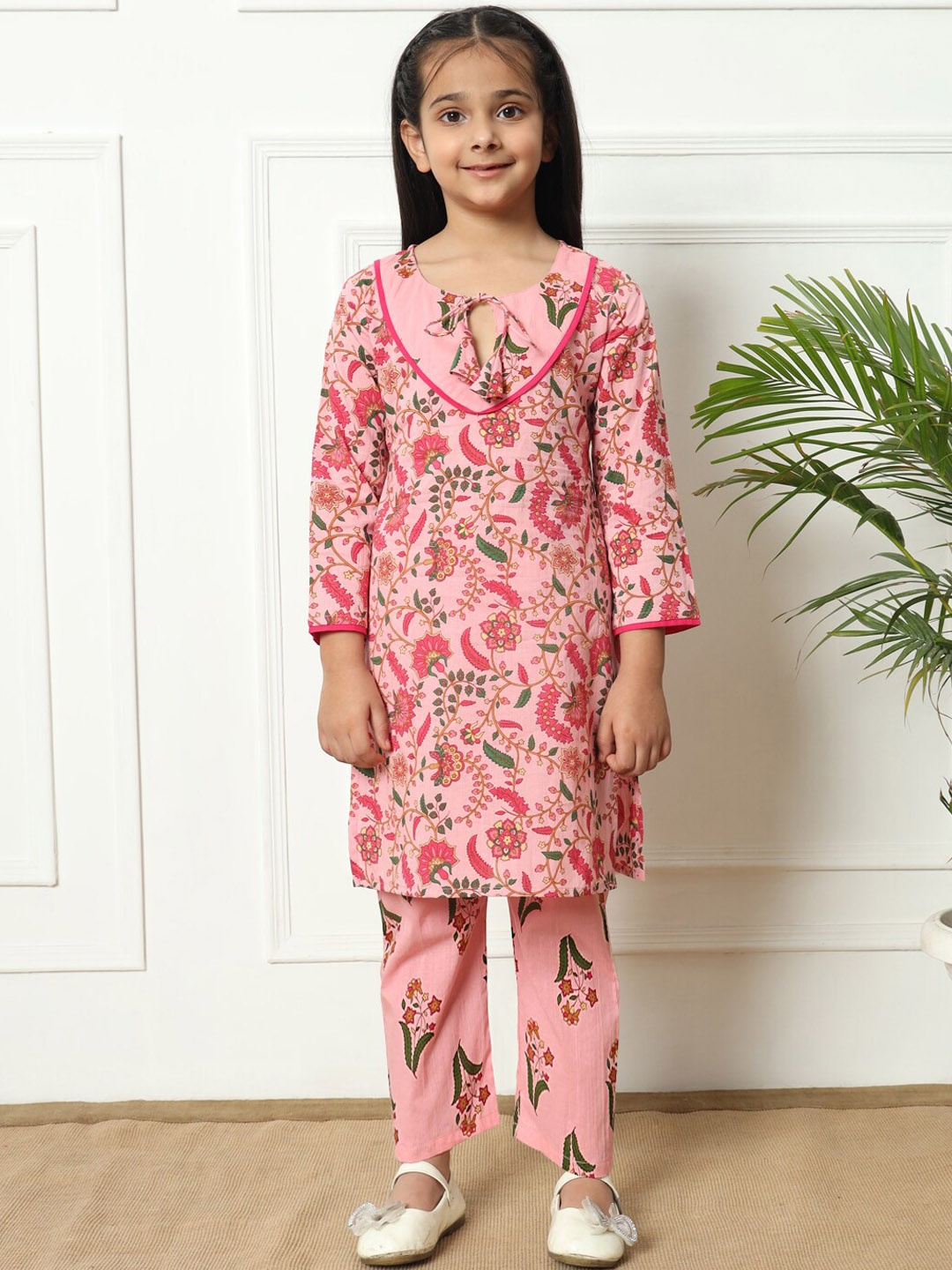 Readiprint Girls Floral Printed Pure Cotton Kurta with Trouser, Pink