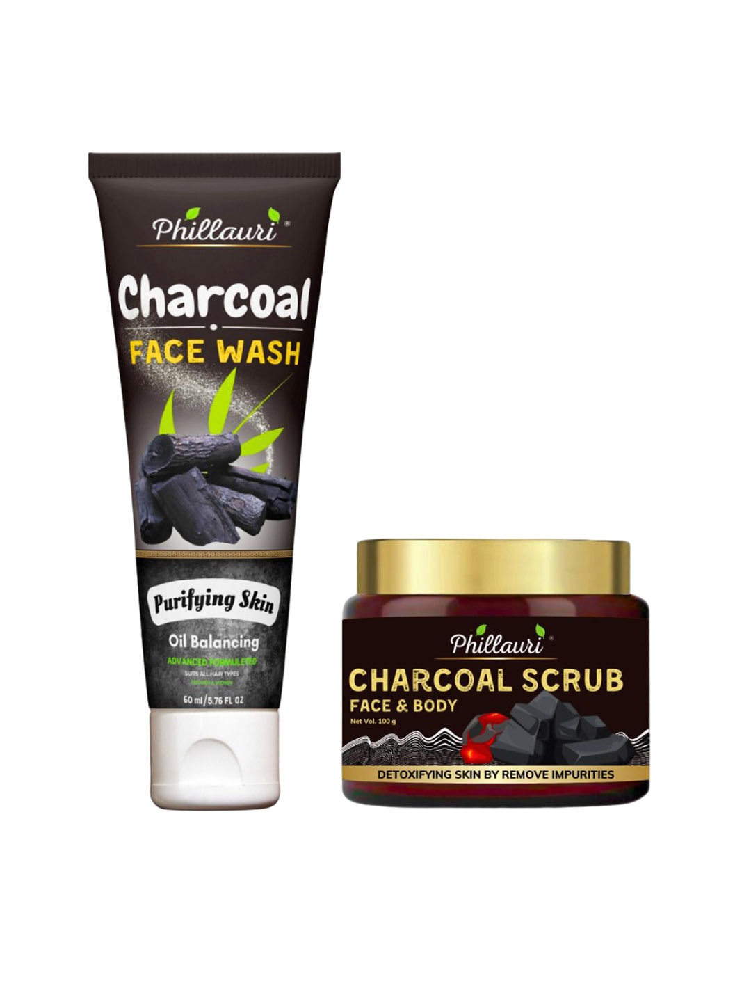 

Phillauri Set of Charcoal Face Wash 60 ml & Face & Body Scrub 100 g, Black