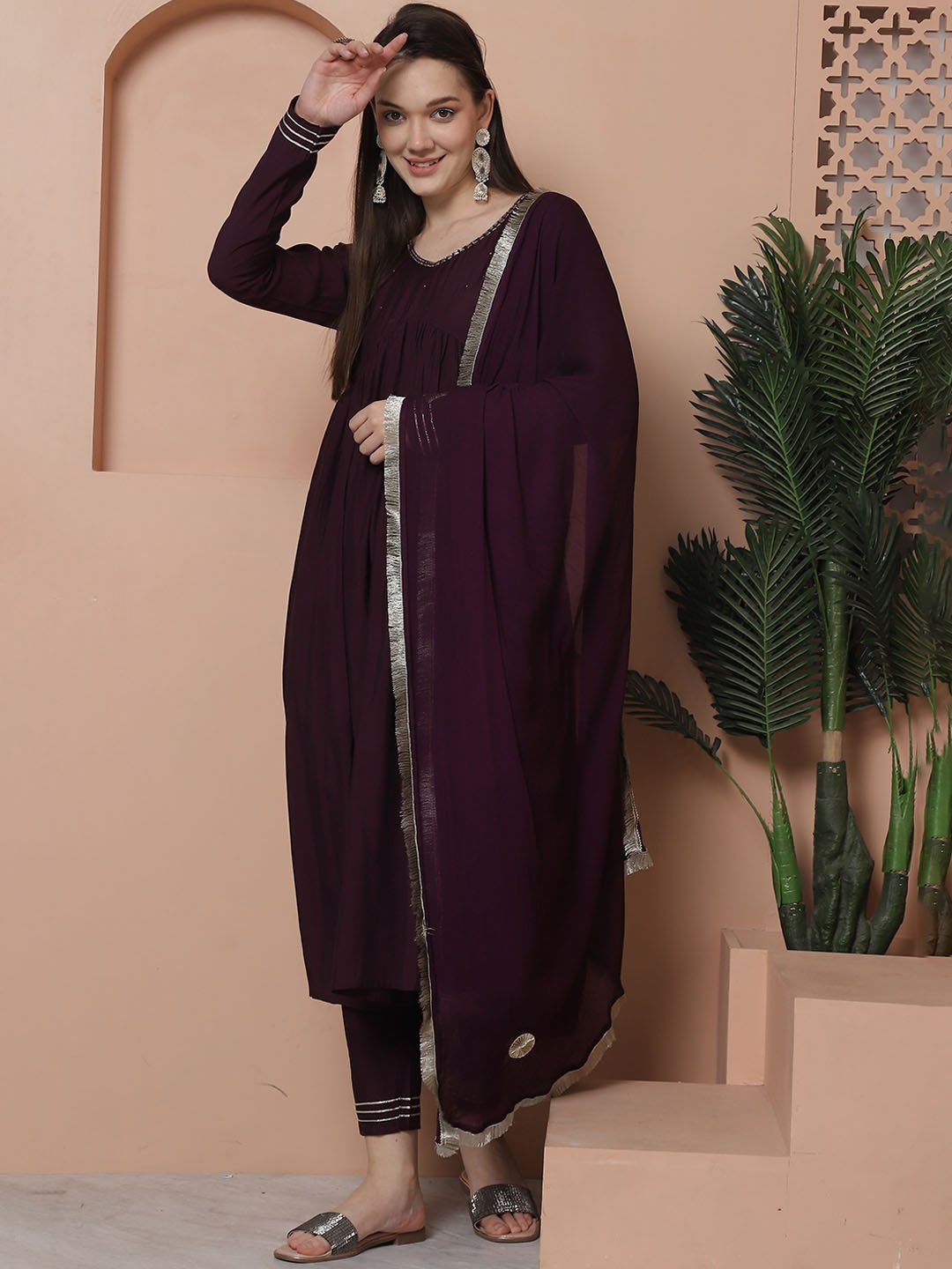 

Roly Poly V-Neck Empire Beads and Stones A-Line Kurta with Trousers & Dupatta, Purple