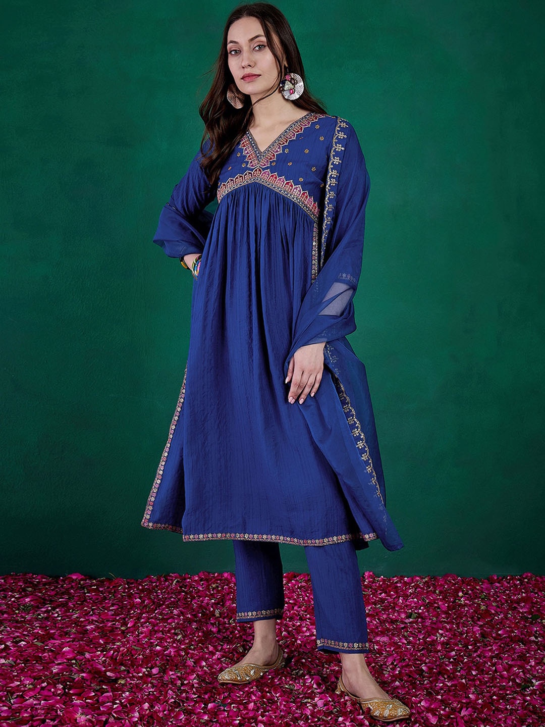 

Sangria Sequin Embroidered Round Neck A Line Kurta With Trousers & Dupatta, Blue