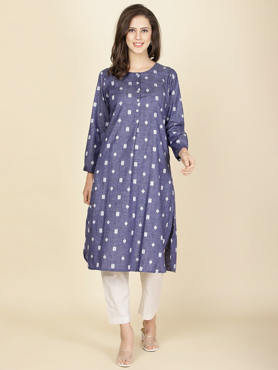

Meena Bazaar Geometric Printed Round Neck Long Sleeves Straight Kurta, Blue
