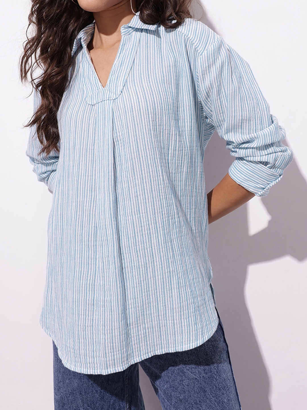 

DressBerry Comfy Chic Stripes High-Low Top, White