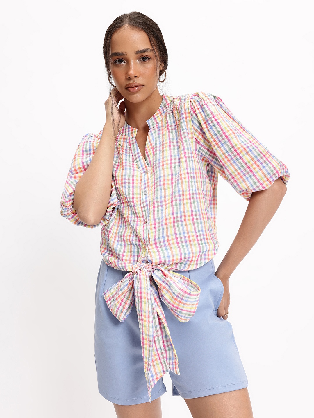 

DressBerry Clashing Colours Checked Cotton Tie-Up Crop Top, Multi