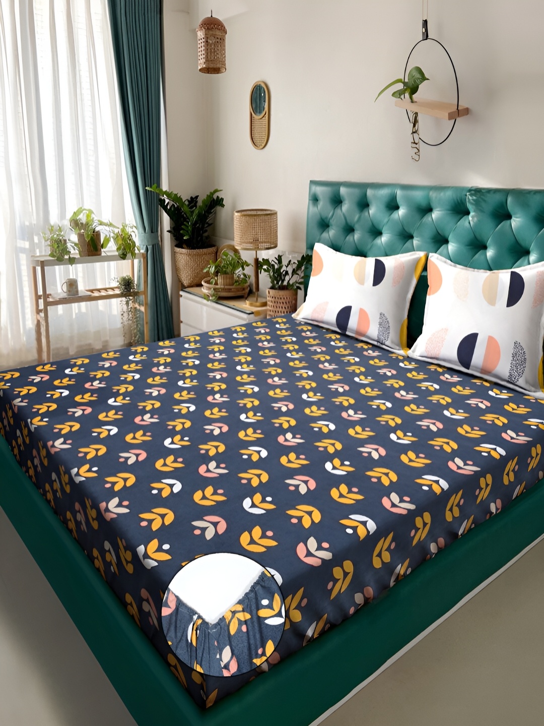

KLOTTHE Blue Floral Fitted 300TC Double King Bedsheet With 2 Pillow Covers