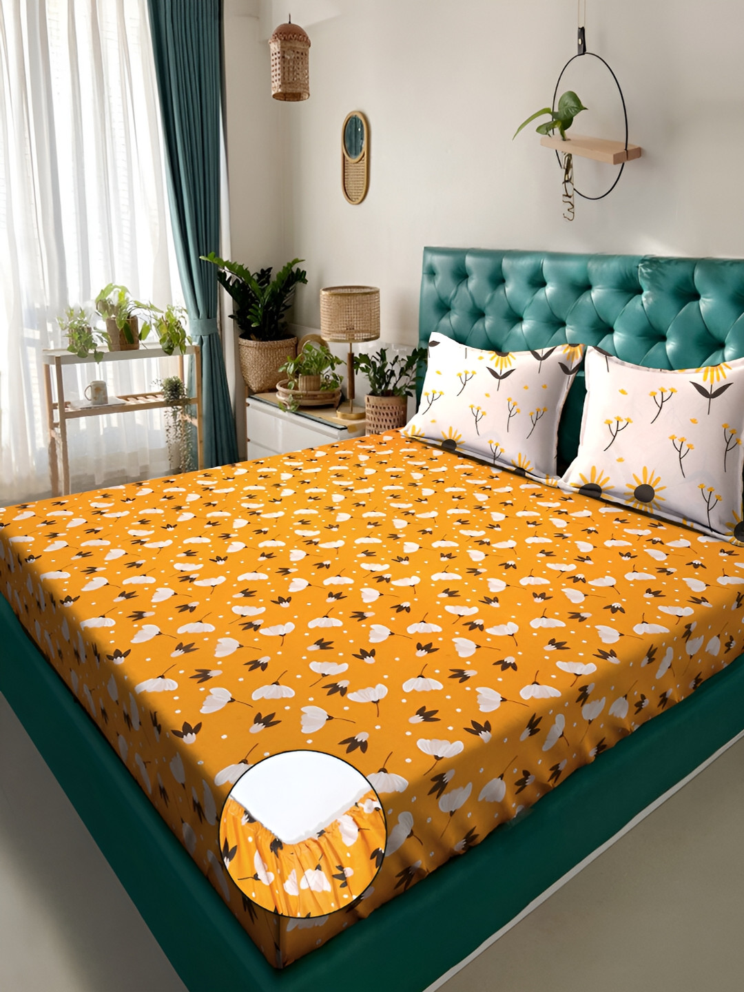 

KLOTTHE Yellow Floral Printed 300 TC Double Fitted King Bedsheet With 2 Pillow Covers