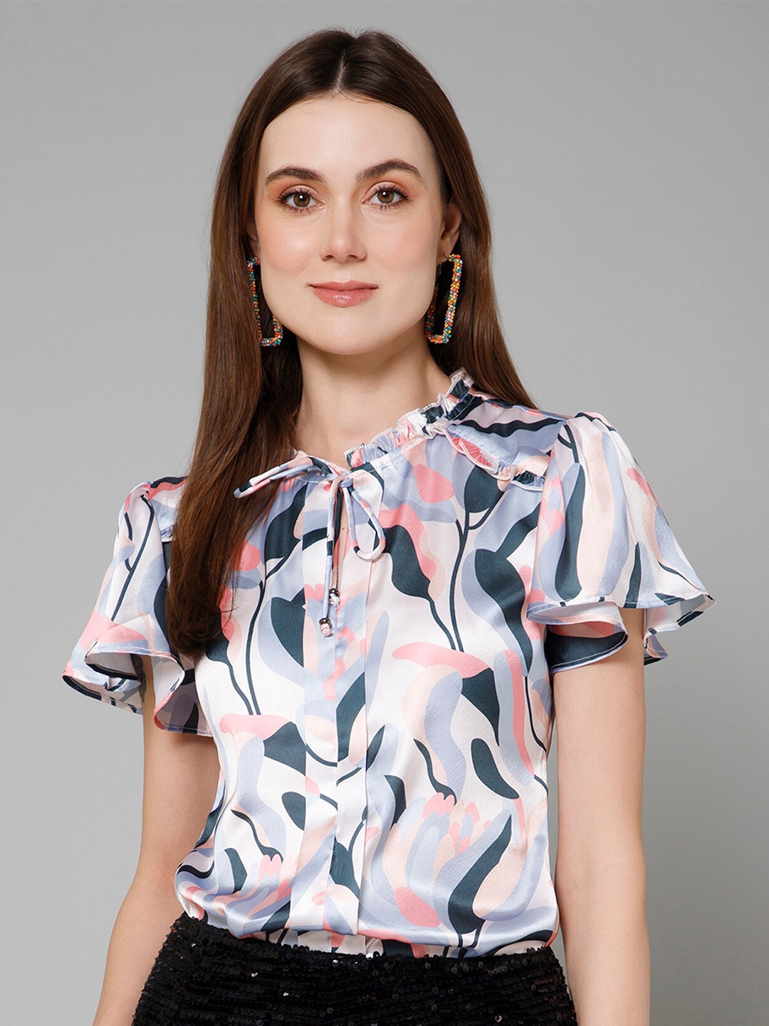 

PURYS Abstract Printed Tie-Up Neck Flared Sleeves Satin Top, Pink