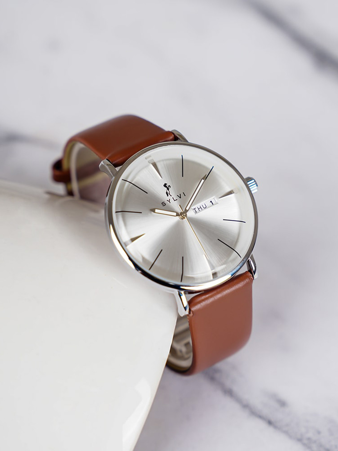 

Sylvi Men Leather Bracelet Style Straps Analogue Multi Function Watch ELD-silver-brown, White