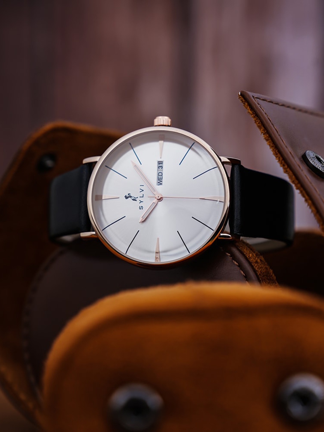 

Sylvi Men Leather Bracelet Style Straps Analogue Multi Function Watch ELD-white-roseblack, Rose gold