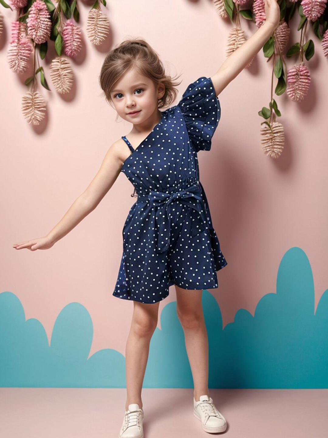 

A.T.U.N. Girls Polka Dot One Shoulder Shoulder Straps Romper Jumpsuit, Navy blue