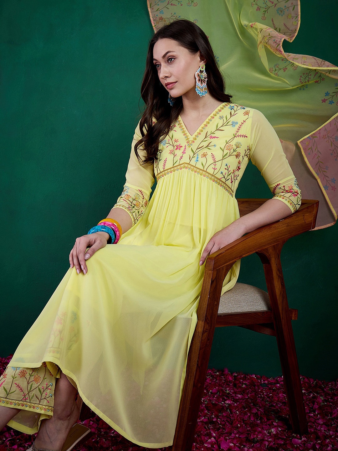 

Sangria Sequence Embroidered V-Neck Kurta With Trousers & Dupatta, Yellow