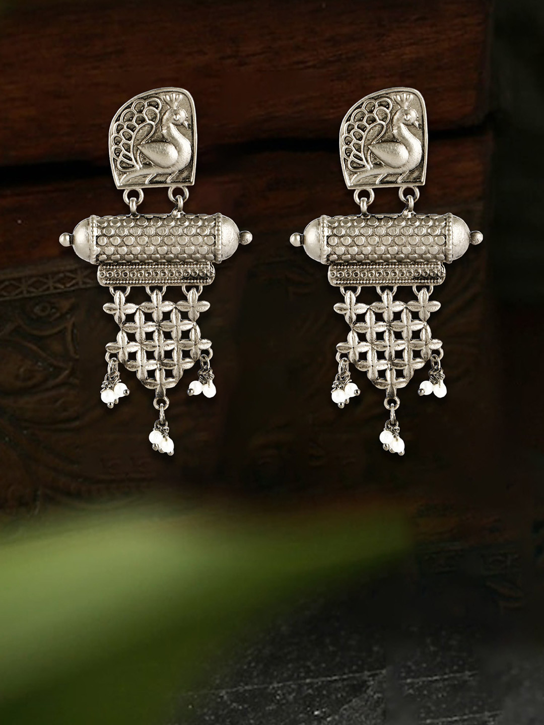 

Adwitiya Collection Silver-Plated Artificial Beads Beaded Oxidised Classic Drop Earrings