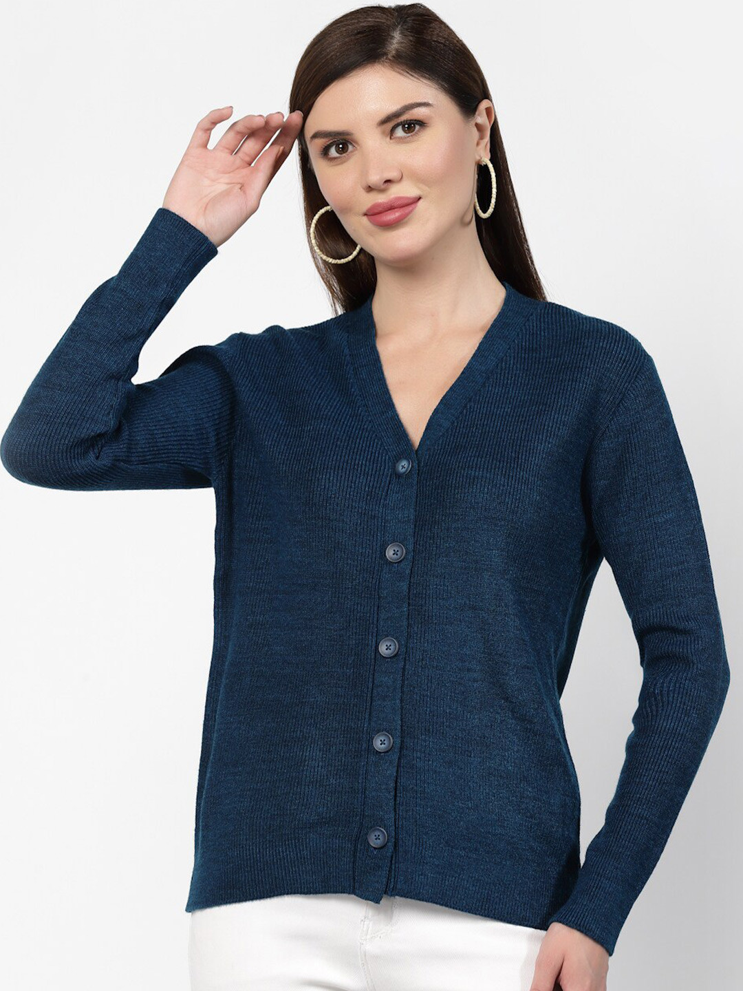 

Kalt Women Full Sleeves V-Neck Sweater, Teal