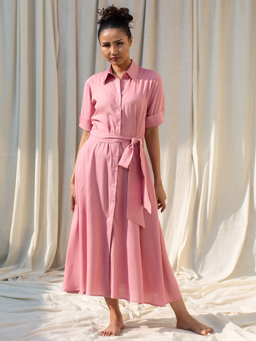 

Seryeon Shirt Collar Liva Shirt Maxi Dress, Pink
