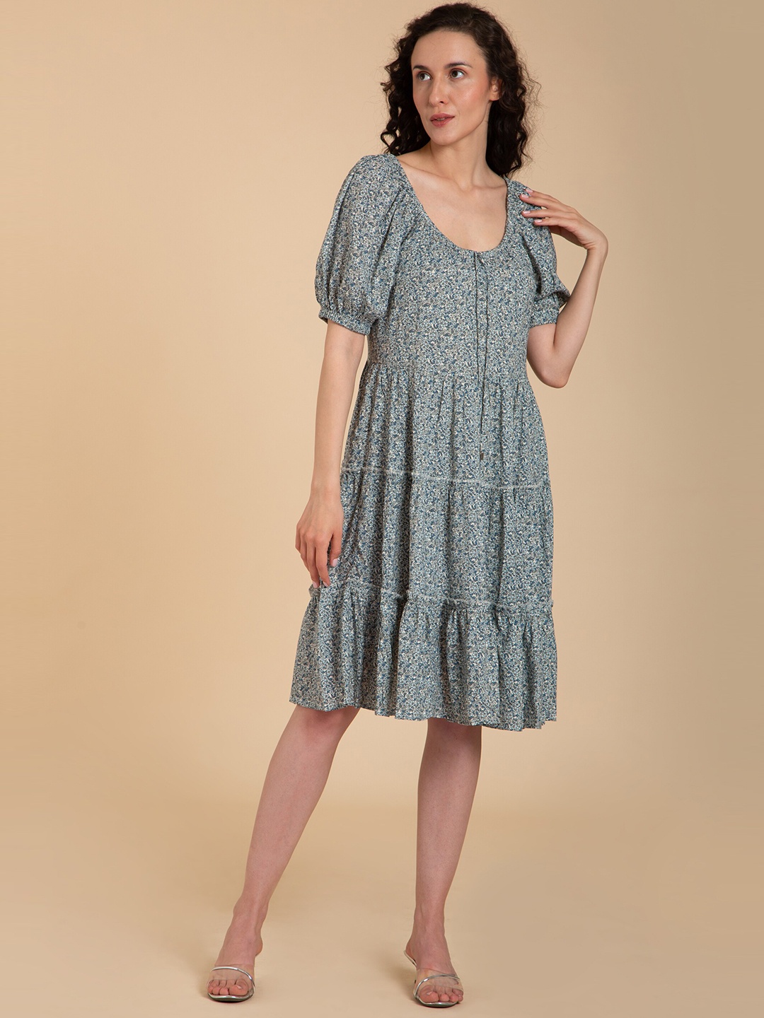 

Seryeon Floral Printed Puff Sleeve Liva A-Line Dress, Blue