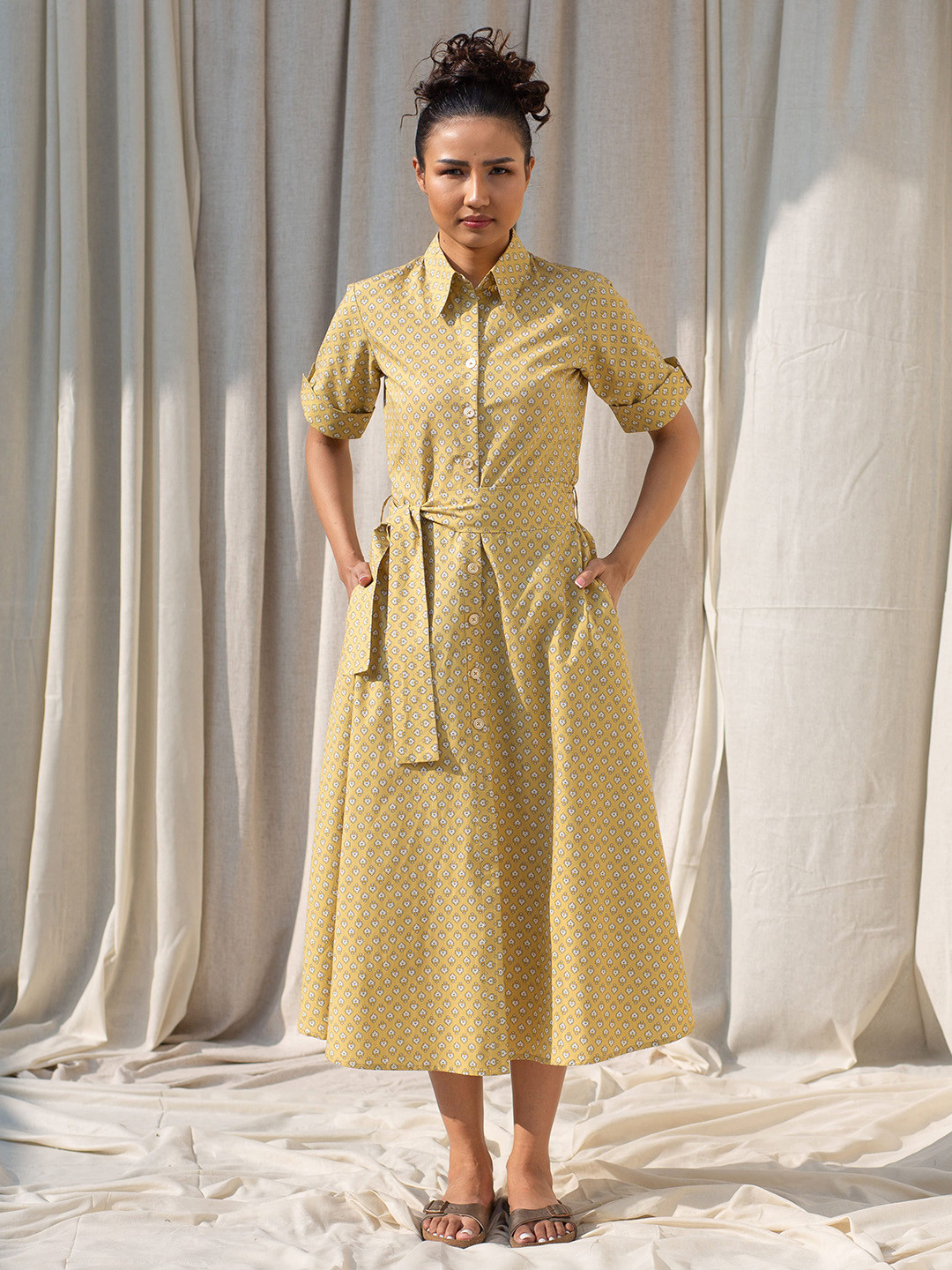 

Seryeon Printed Cotton Shirt Midi Dress, Mustard