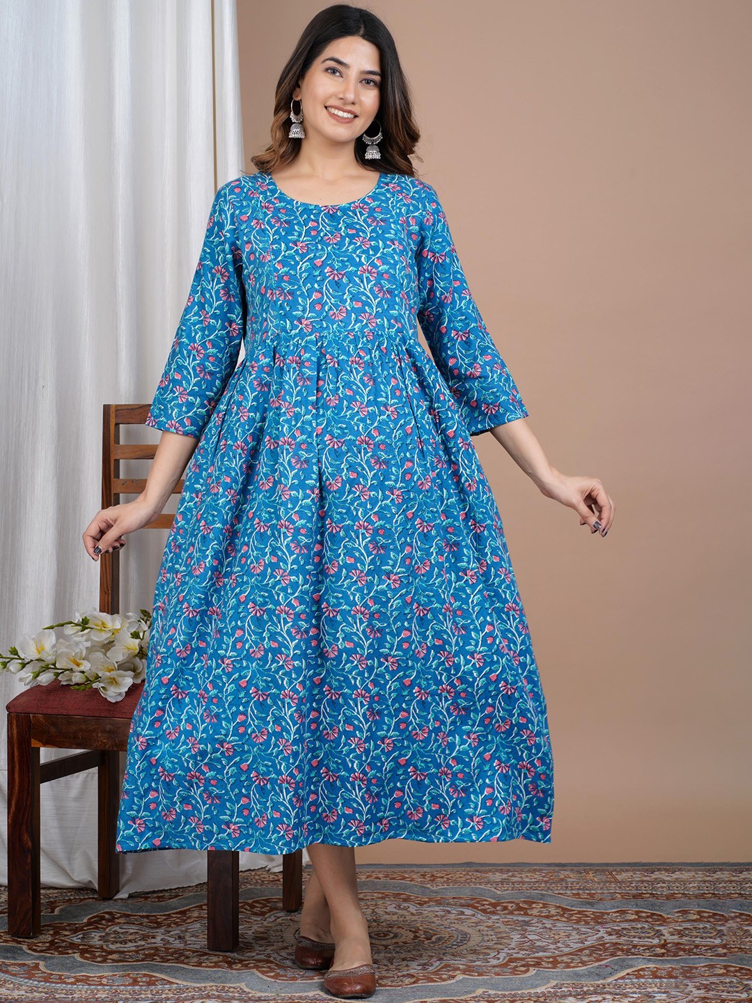 

KALINI Floral Printed Maternity A-Line Midi Dress, Blue