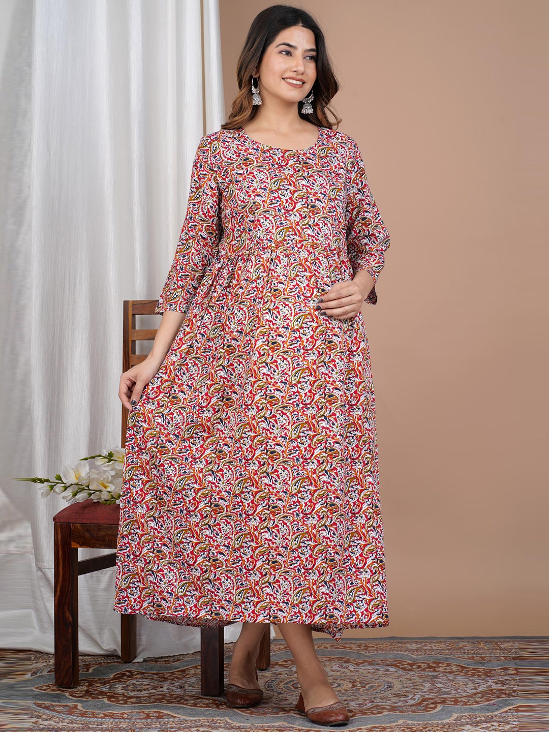 

KALINI Floral Printed Maternity A-Line Midi Dress, Mauve