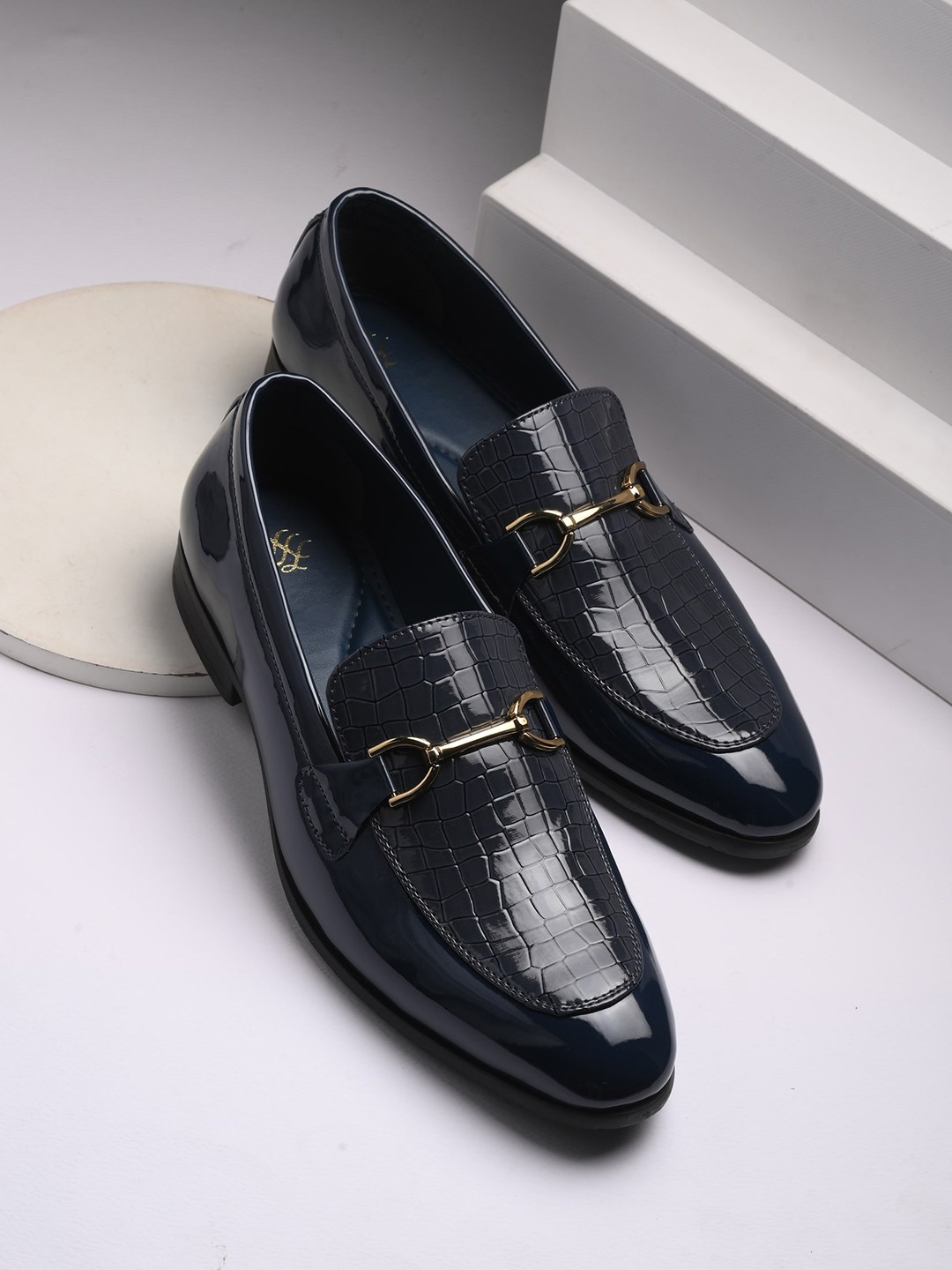 

House of Pataudi Men Textured Slip On Formal Loafers, Blue