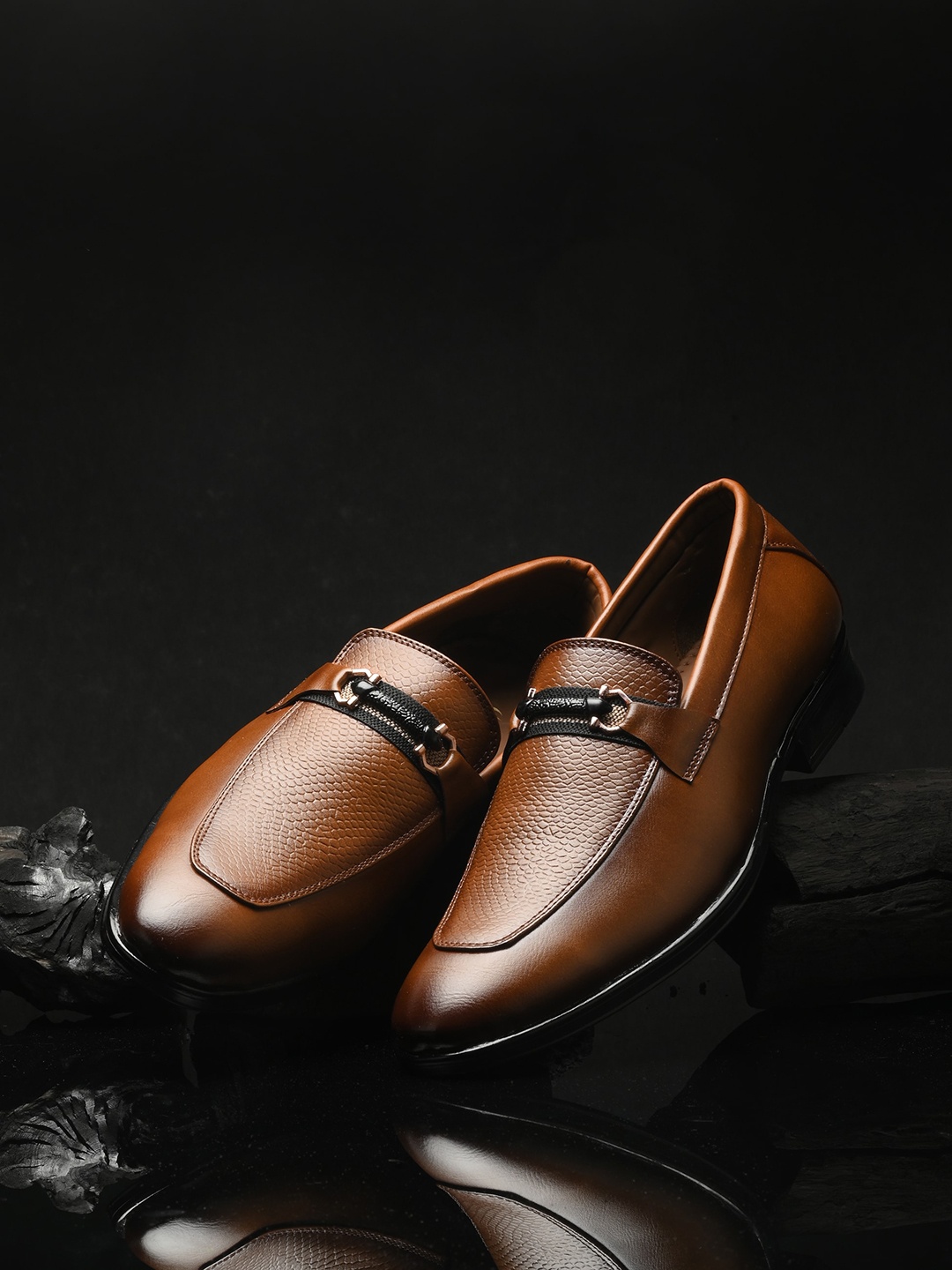 

House of Pataudi Men Textured Slip On Formal Loafers, Tan