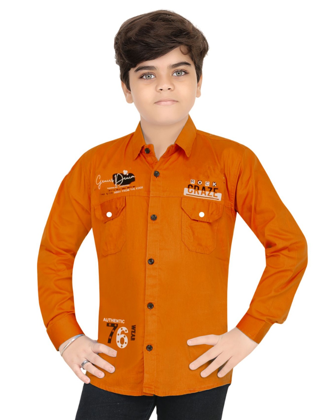 

BAESD Boys Comfort Typography Printed Spread Collar Cotton Casual Shirt, Orange