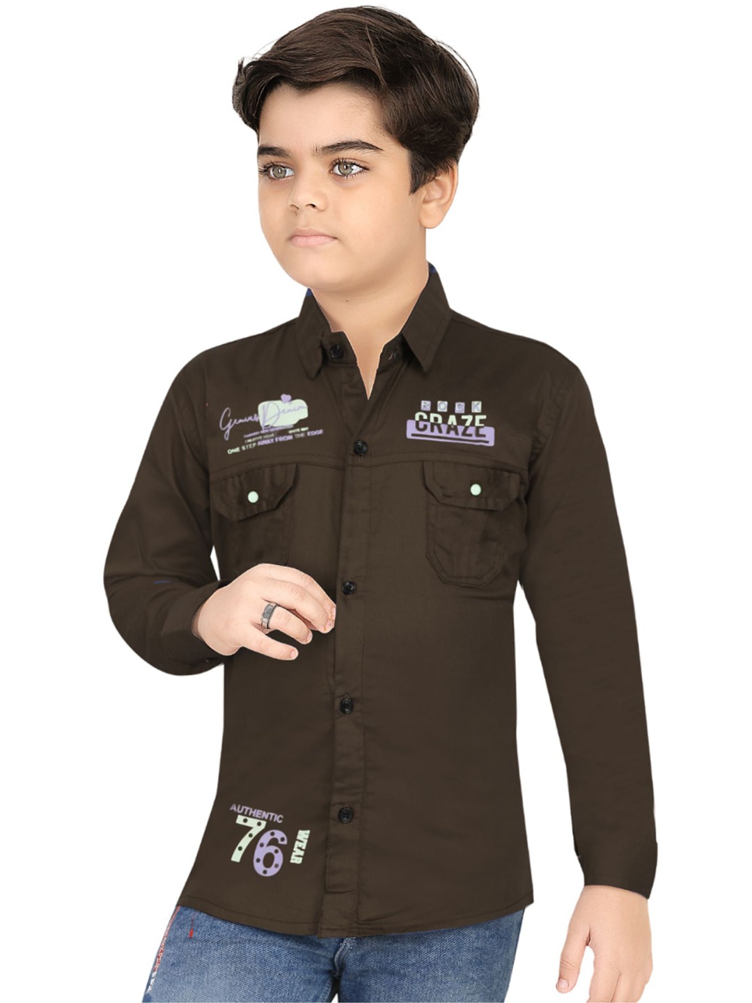 

BAESD Boys Comfort Typography Printed Spread Collar Cotton Casual Shirt, Brown
