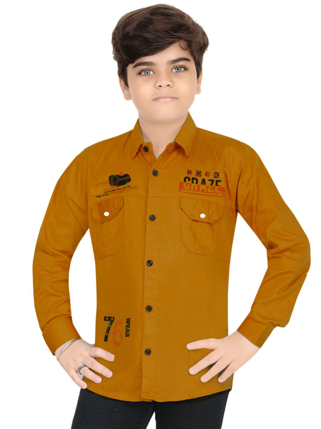 

BAESD Boys Comfort Typography Printed Spread Collar Cotton Casual Shirt, Brown