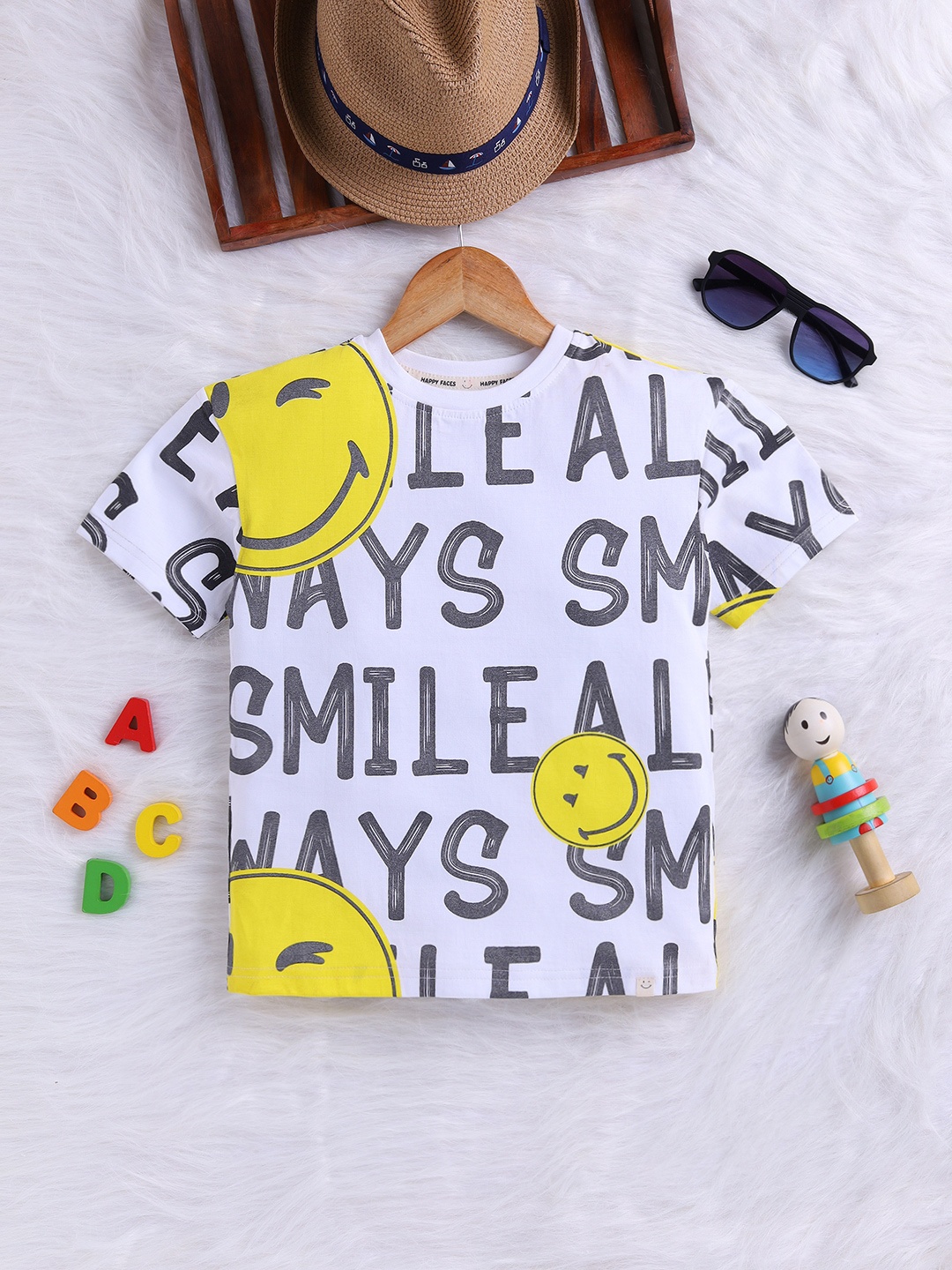 

Happy Faces Boys Typography Printed Drop-Shoulder Sleeves Pure Cotton T-shirt, White