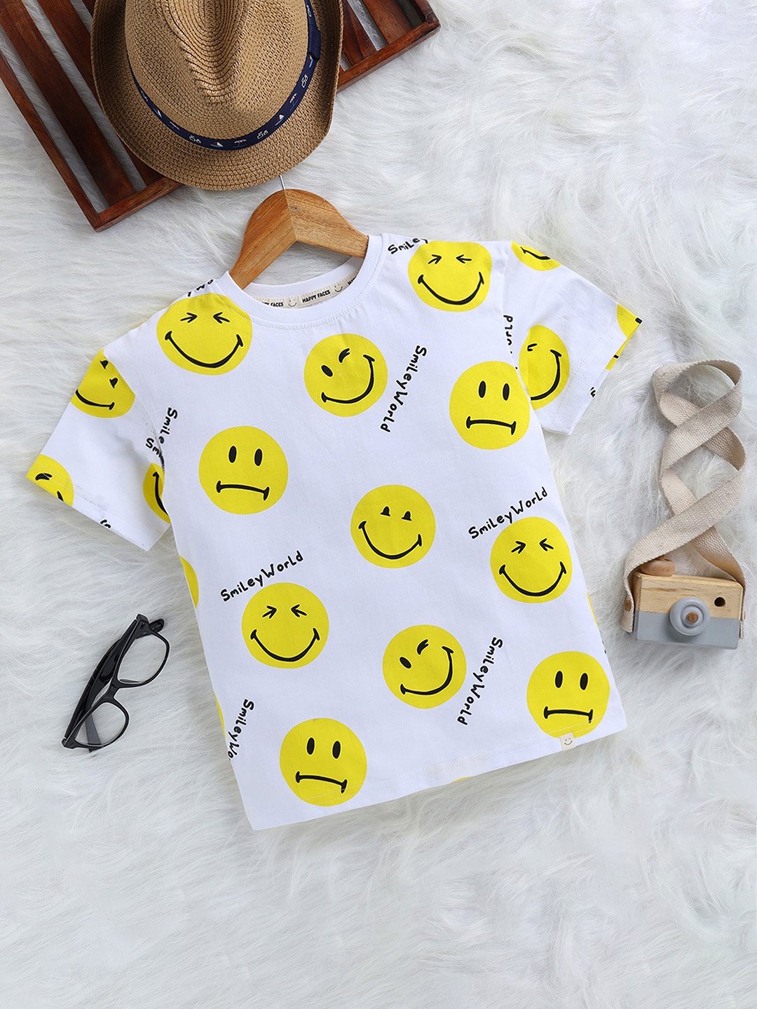 

Happy Faces Boys Graphic Printed Drop-Shoulder Sleeves Pure Cotton T-shirt, White