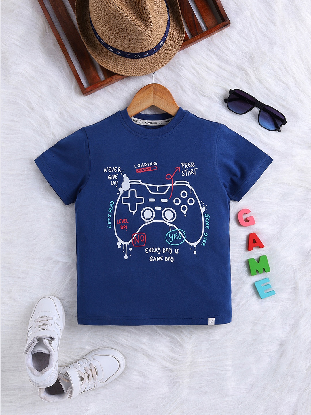 

Happy Faces Boys Graphic Printed Pure Cotton T-shirt, Navy blue