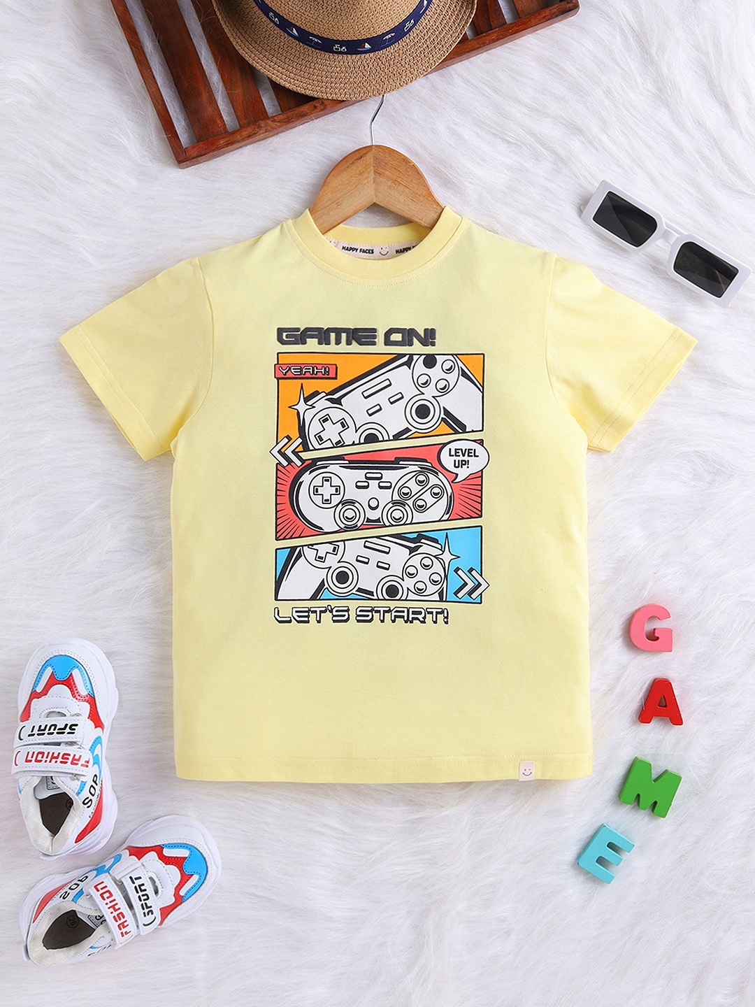 

Happy Faces Boys Printed Pure Cotton T-shirt, Yellow