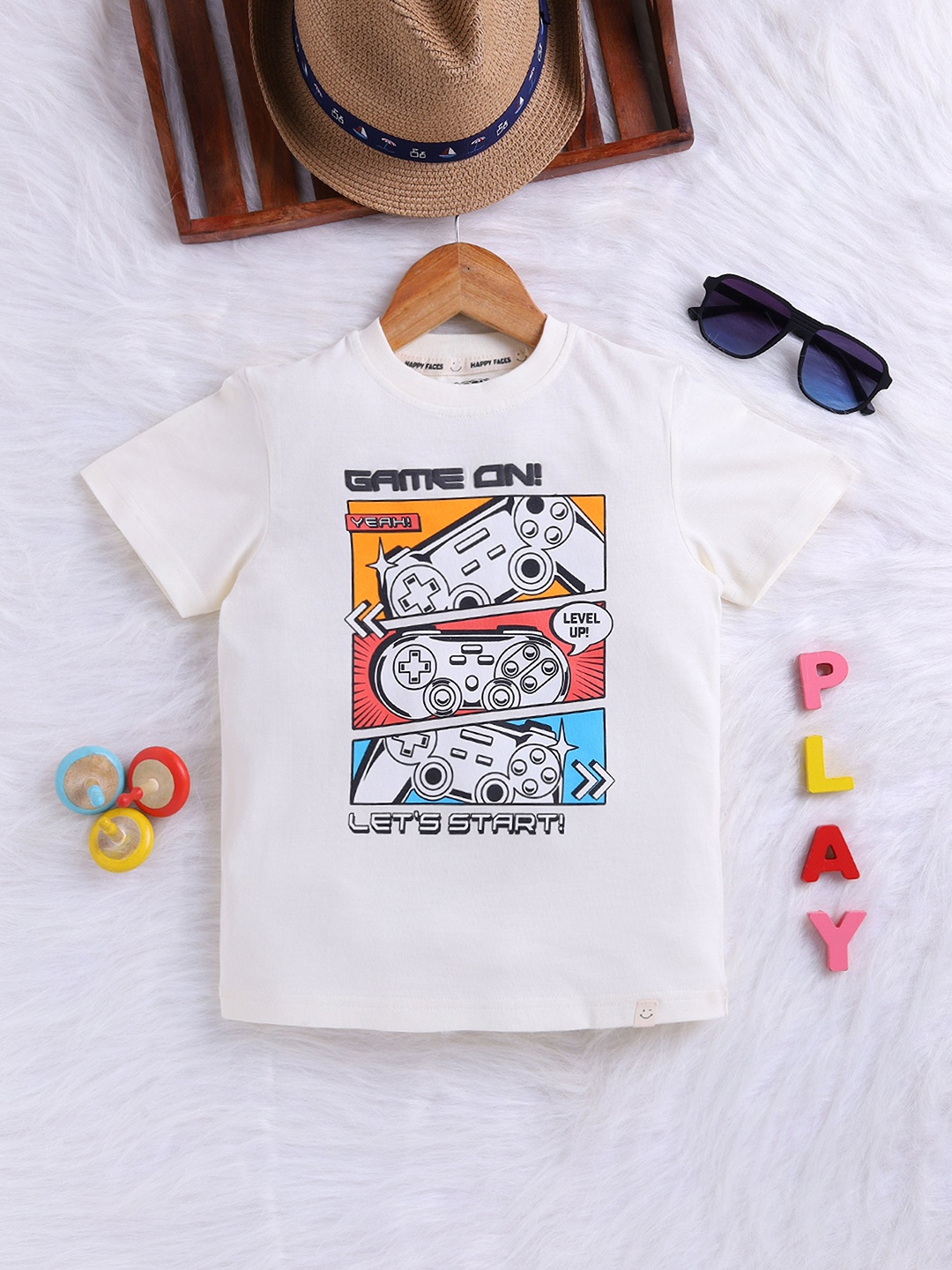 

Happy Faces Boys Printed Pure Cotton T-shirt, Off white