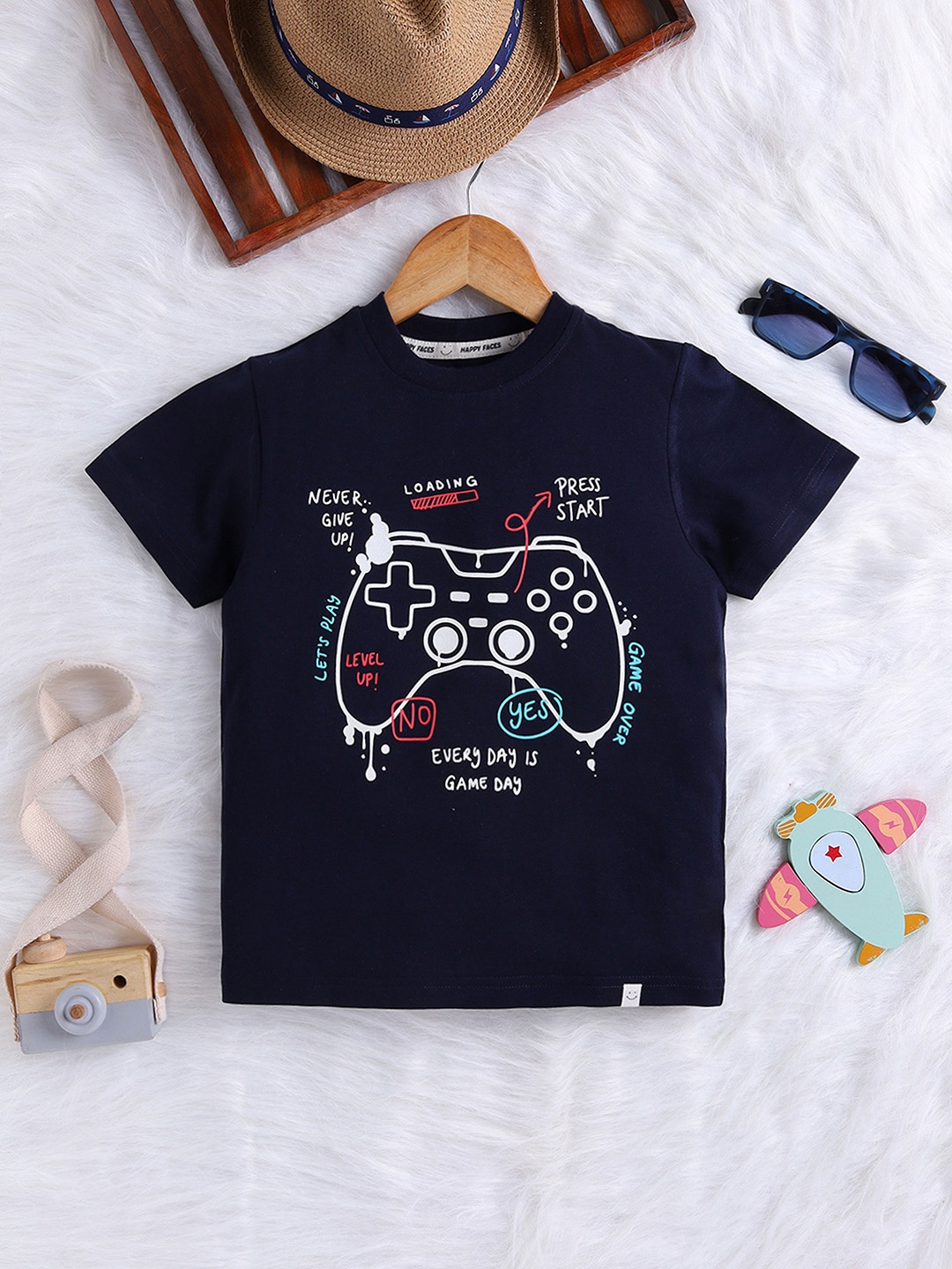 

Happy Faces Boys Printed Pure Cotton T-shirt, Navy blue