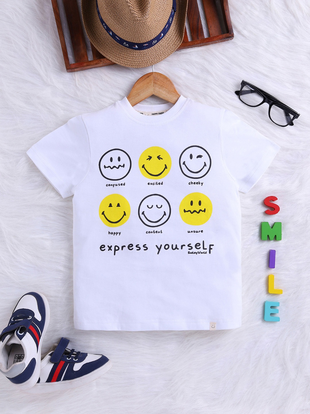 

Happy Faces Boys Printed Pure Cotton T-shirt, White