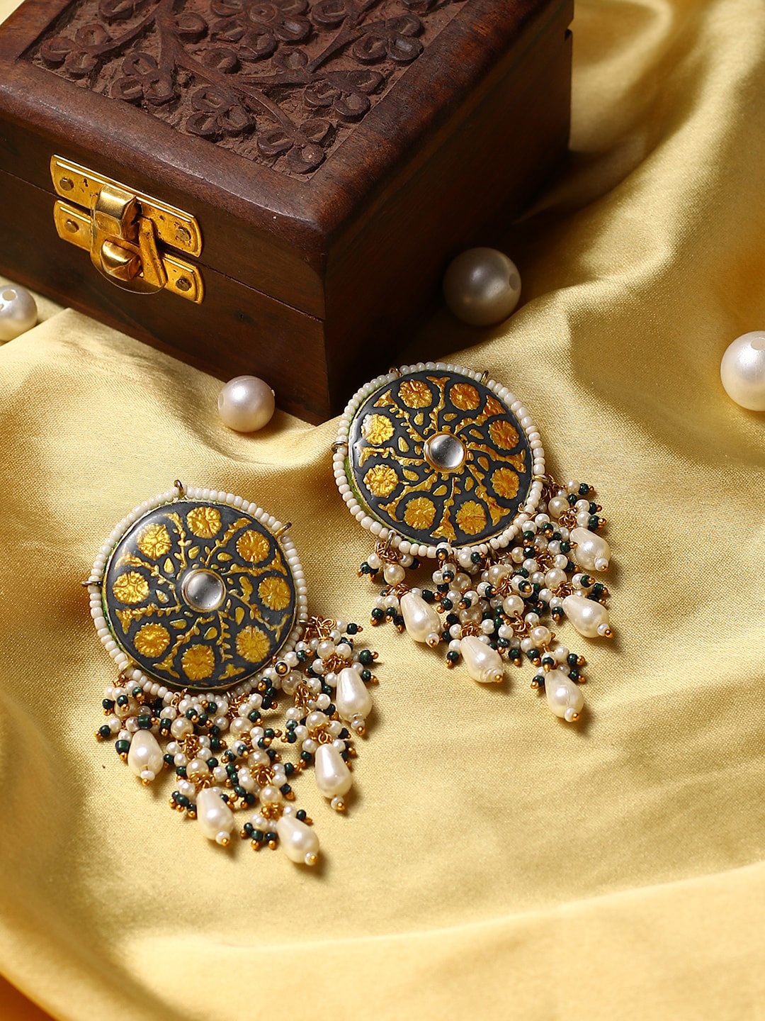 

DUGRISTYLE Gold-Plated Kundan Studded & Beaded Classic Drop Earrings
