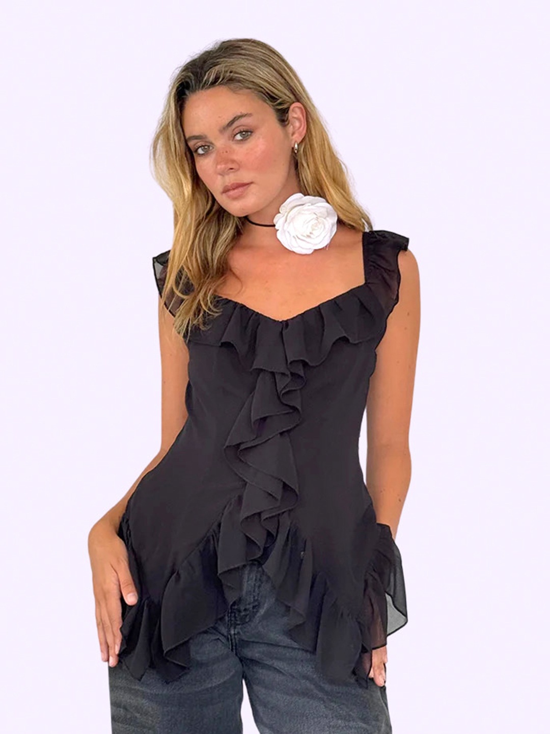 

Dracht Ruffles Bohemian Chiffon Top, Black