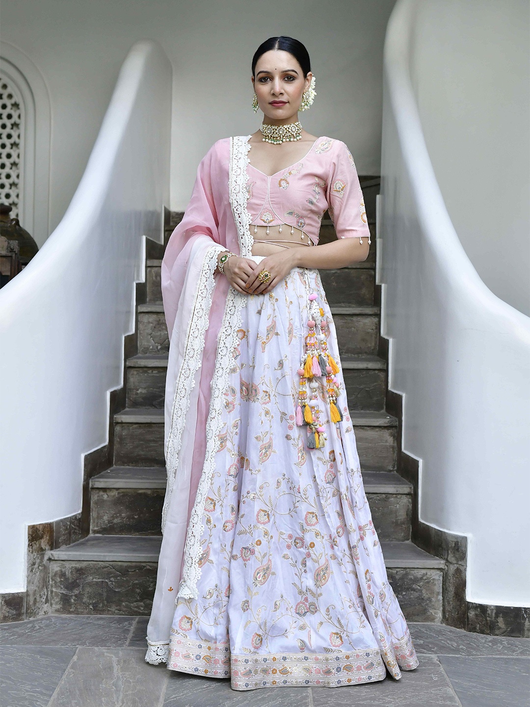 

Lirose Embroidered Thread Work Ready to Wear Lehenga & Blouse With Dupatta, Peach