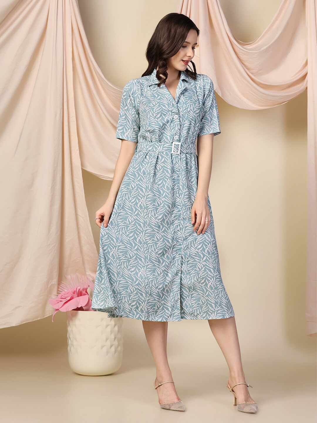 

OMPAX Shirt Collar Floral Printed A-Line Midi Dress, Blue
