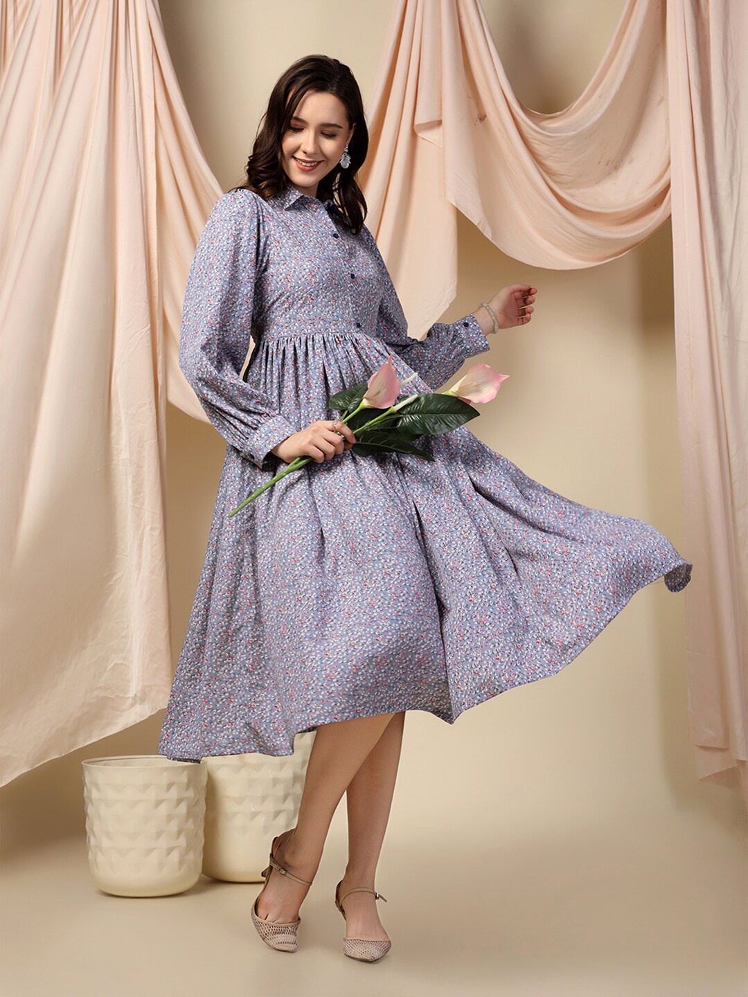 

OMPAX Shirt Collar Cuffed Sleeves Polka Dot Print Fit & Flare Dress, Grey