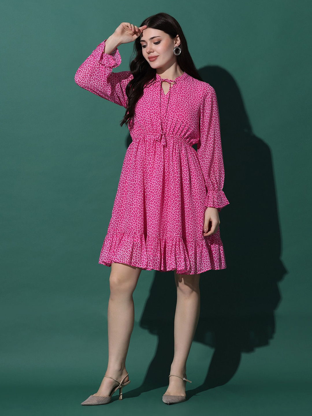 

OMPAX Animal Printed Tie-Up Neck Georgette Fit & Flare Dress, Pink