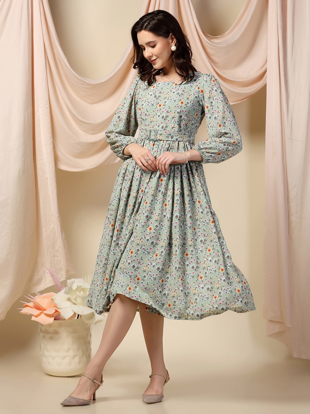 

OMPAX Square Neck Floral Printed Fit & Flare Midi Dress, Green