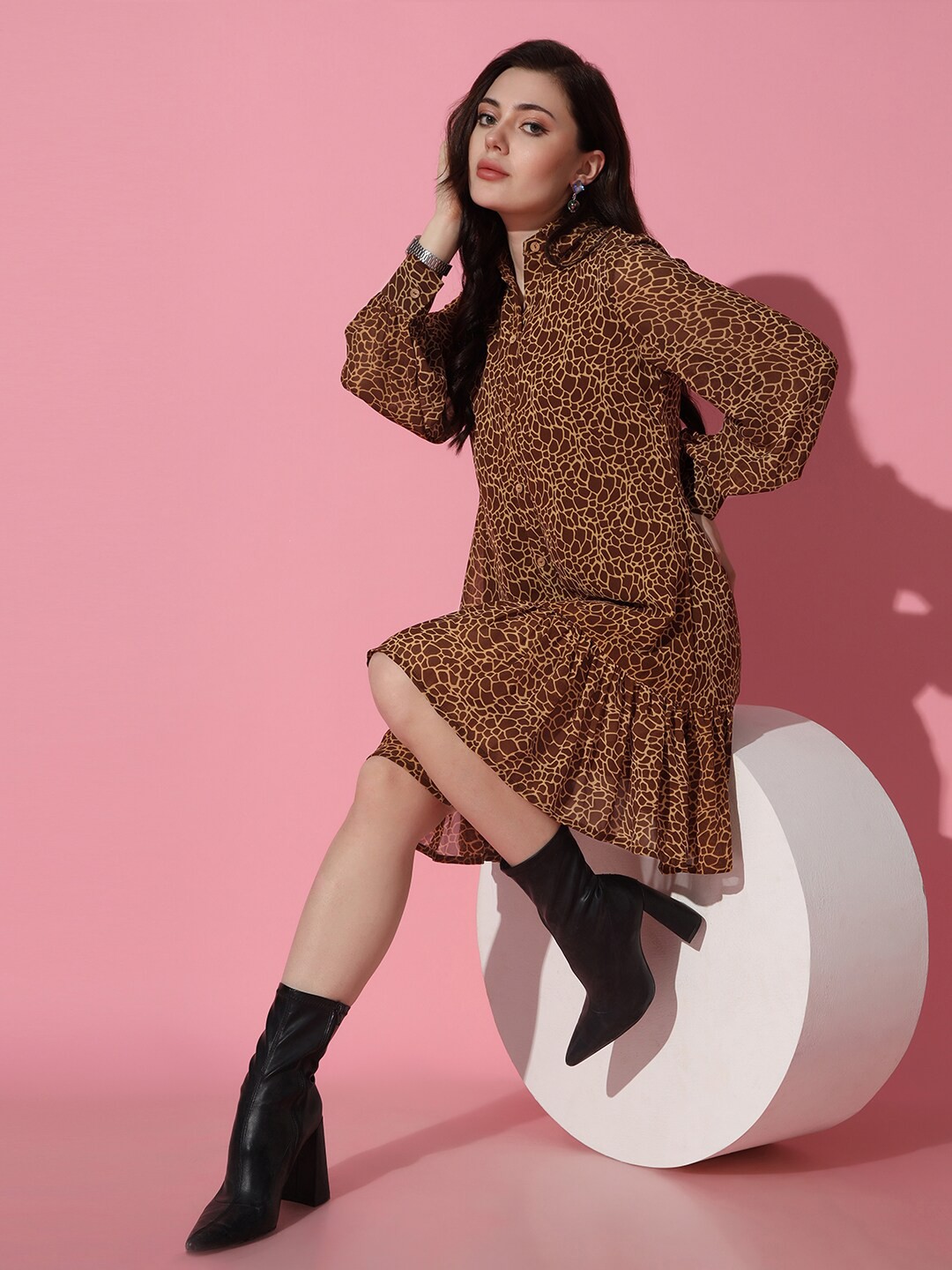 

OMPAX Shirt Collar Animal Printed Georgette A-Line Dress, Brown