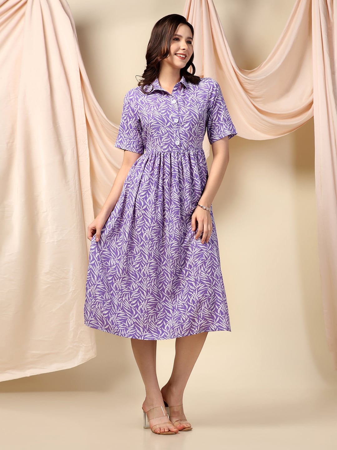 

OMPAX Shirt Collar Floral Printed Fit & Flare Midi Dress, Purple