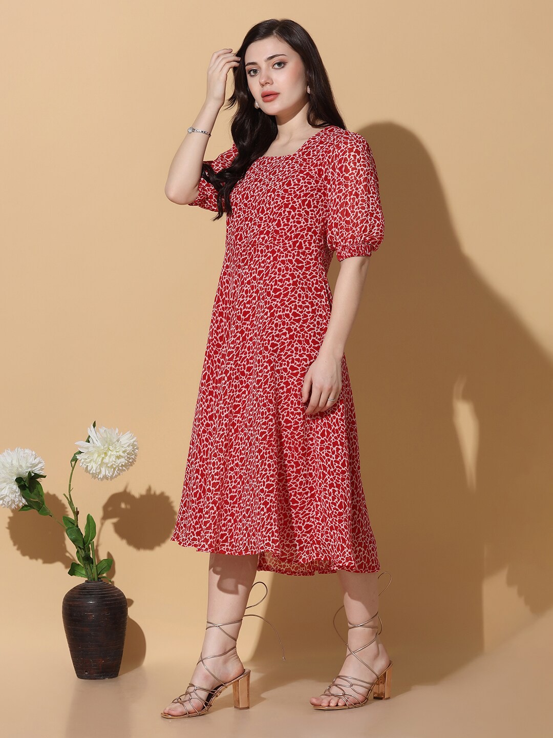 

OMPAX Abstract Printed Puff Sleeve Georgette A-Line Midi Dress, Red