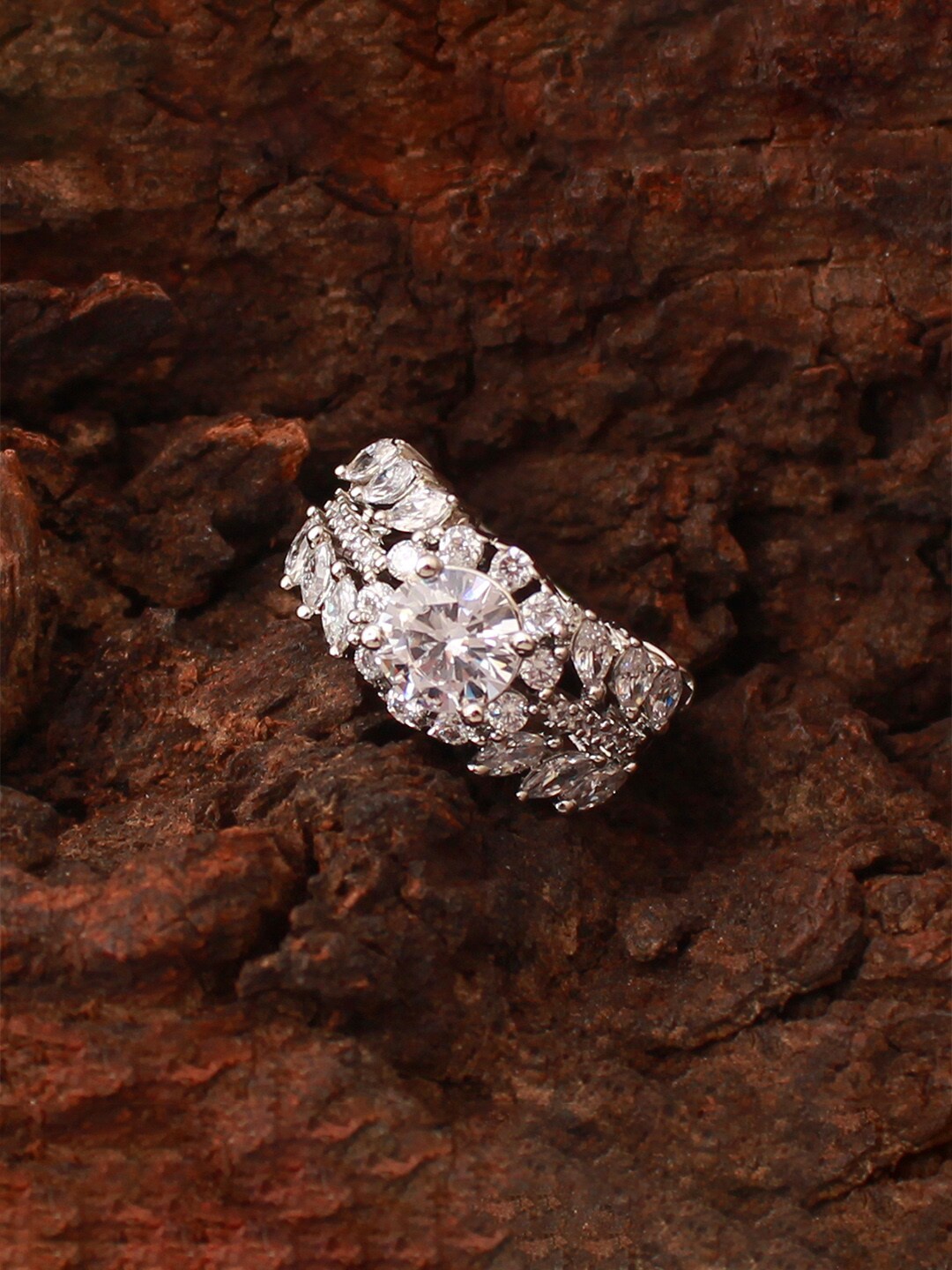 

Mirana Rhodium Plated Cubic Zirconia-Studded Adjustable Finger Ring, Silver