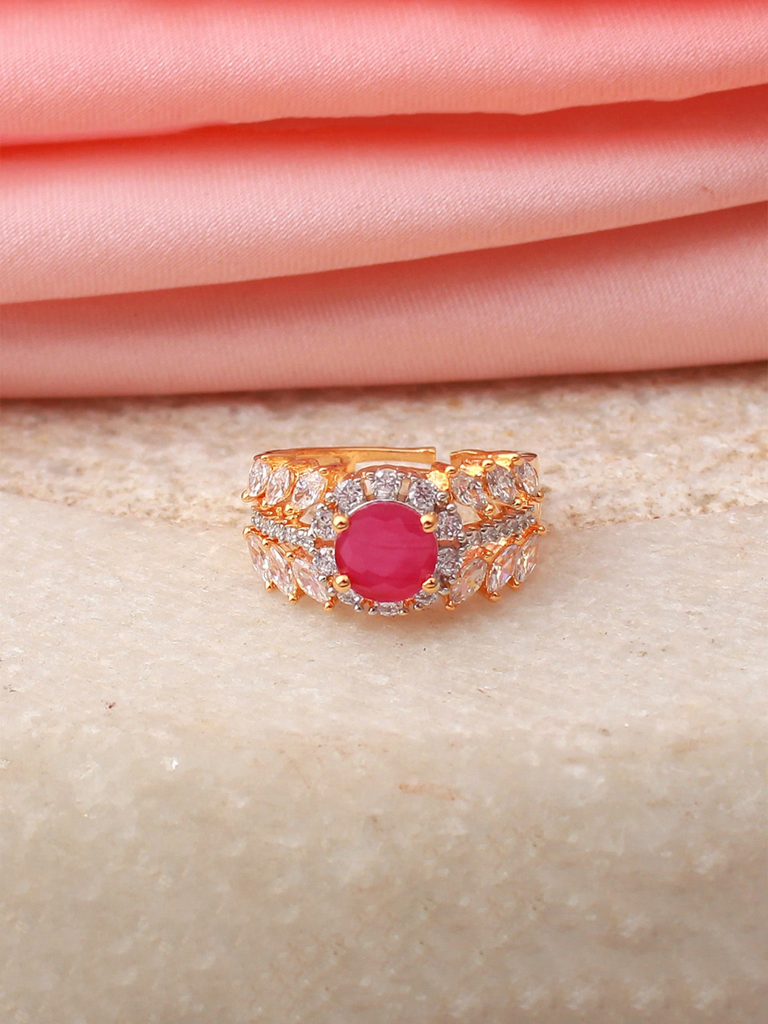 

Mirana Gold Plated Ruby Cubic Zirconia-Studded Adjustable Finger Ring